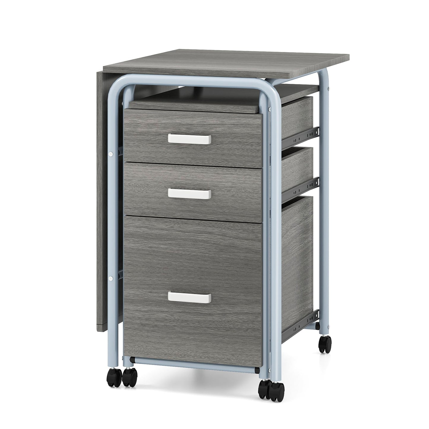 Folding Computer Desk with Rolling Wheels and 3 Drawers for Home Office-Grey