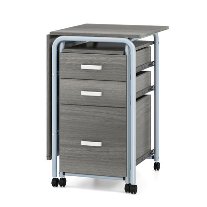 Folding Computer Desk with Rolling Wheels and 3 Drawers for Home Office-Grey