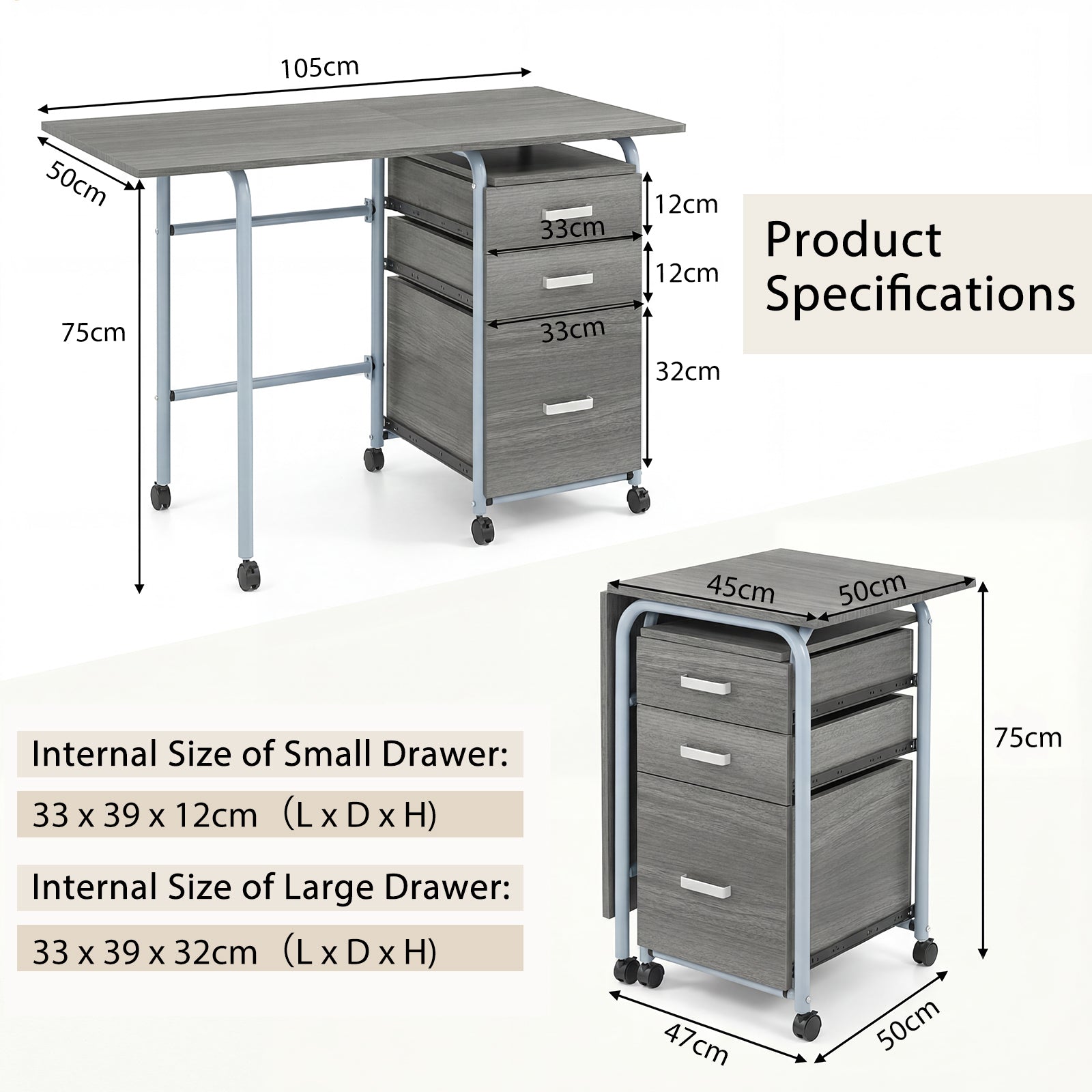 Folding Computer Desk with Rolling Wheels and 3 Drawers for Home Office-Grey