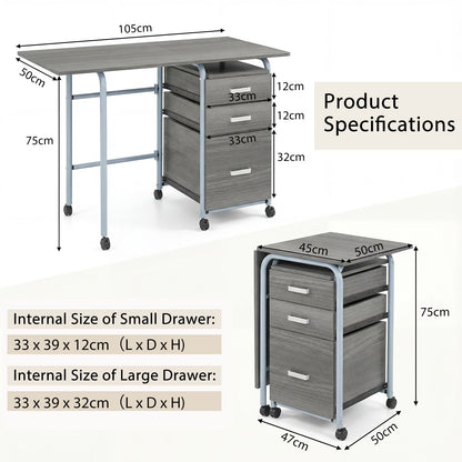 Folding Computer Desk with Rolling Wheels and 3 Drawers for Home Office-Grey
