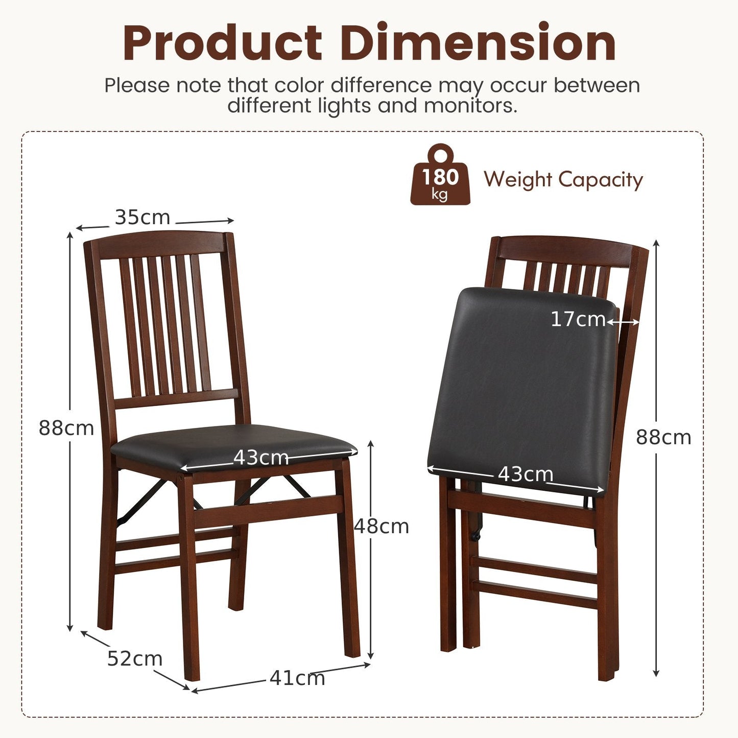 Folding Dining Chairs Set of 2 Upholstered Kitchen Chairs with Padded Seat-Brown
