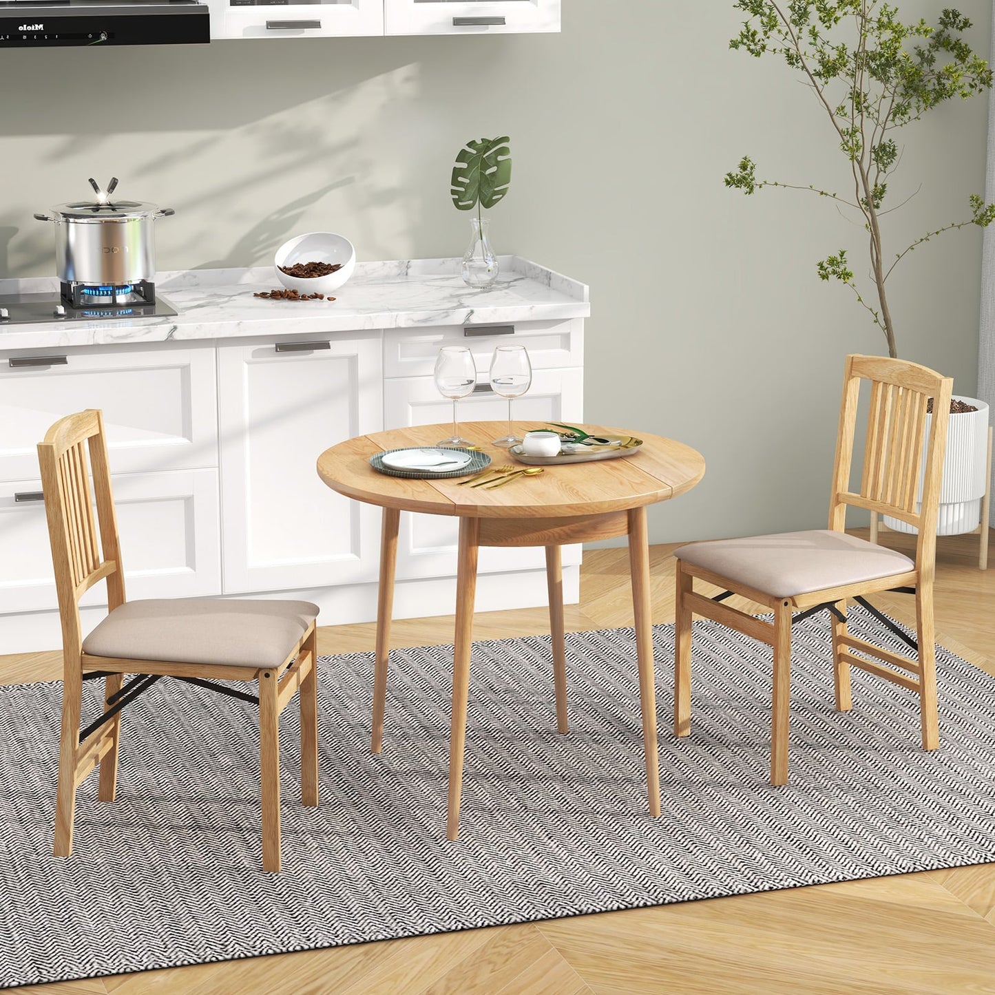 Folding Dining Chairs Set of 2 Upholstered Kitchen Chairs with Padded Seat-Beige