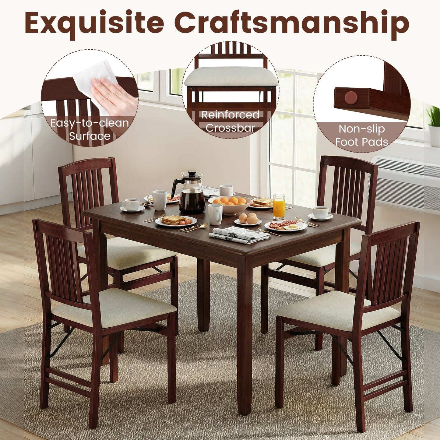 Folding Dining Chairs Set of 2 Upholstered Kitchen Chairs with Padded Seat-White