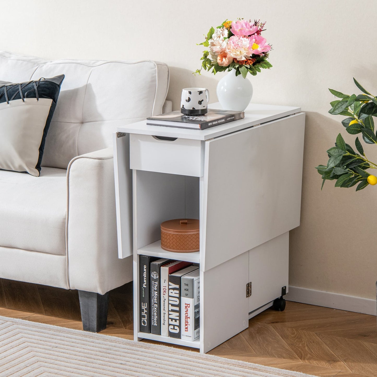 Folding Dining Table with 2 Wheels for Small Spaces-White