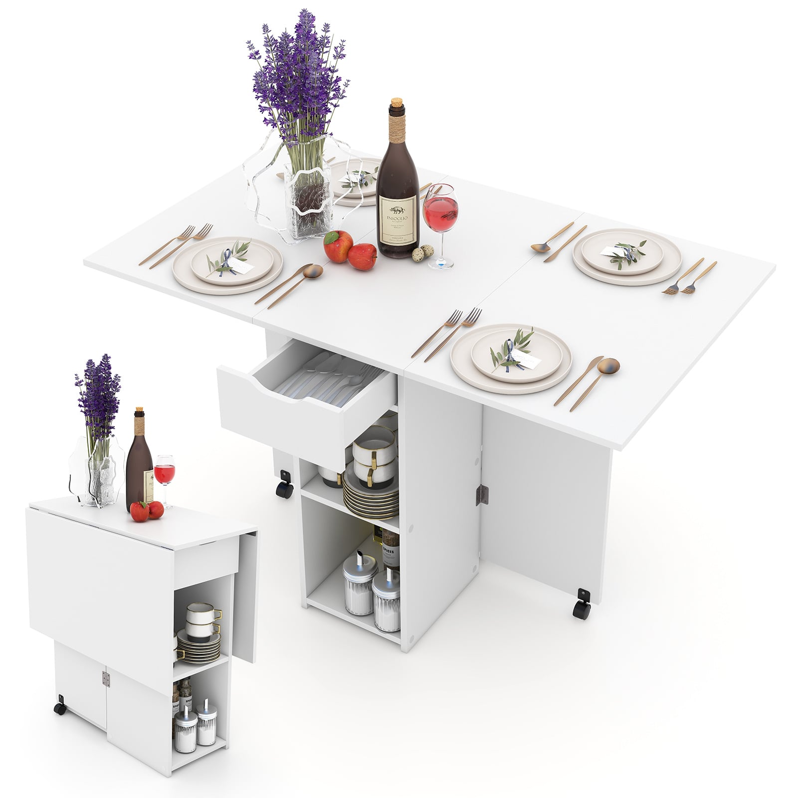 Folding Dining Table with 2 Wheels for Small Spaces-White