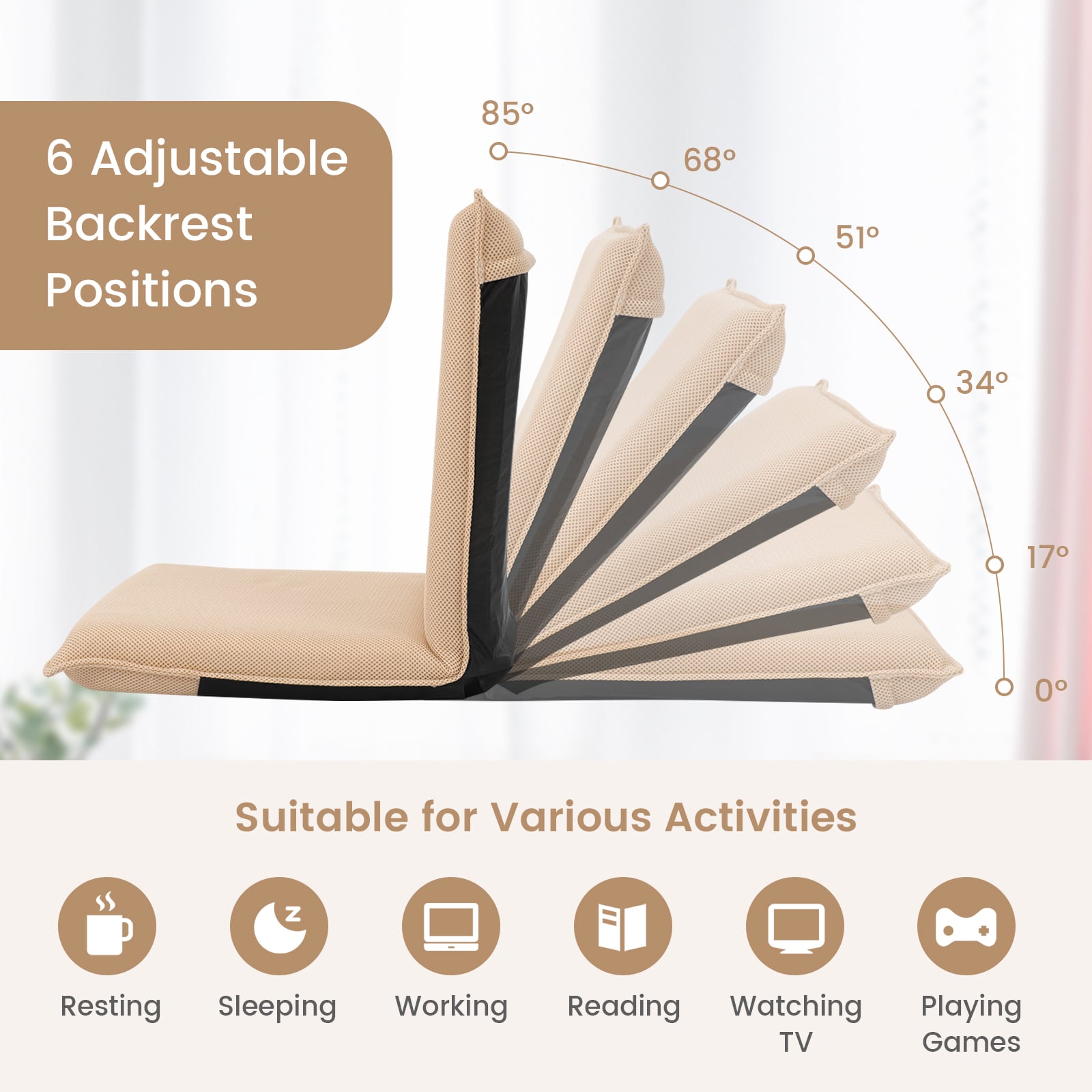 Folding Floor Chair with Reclining Function and 6 Adjustable Positions-Khaki