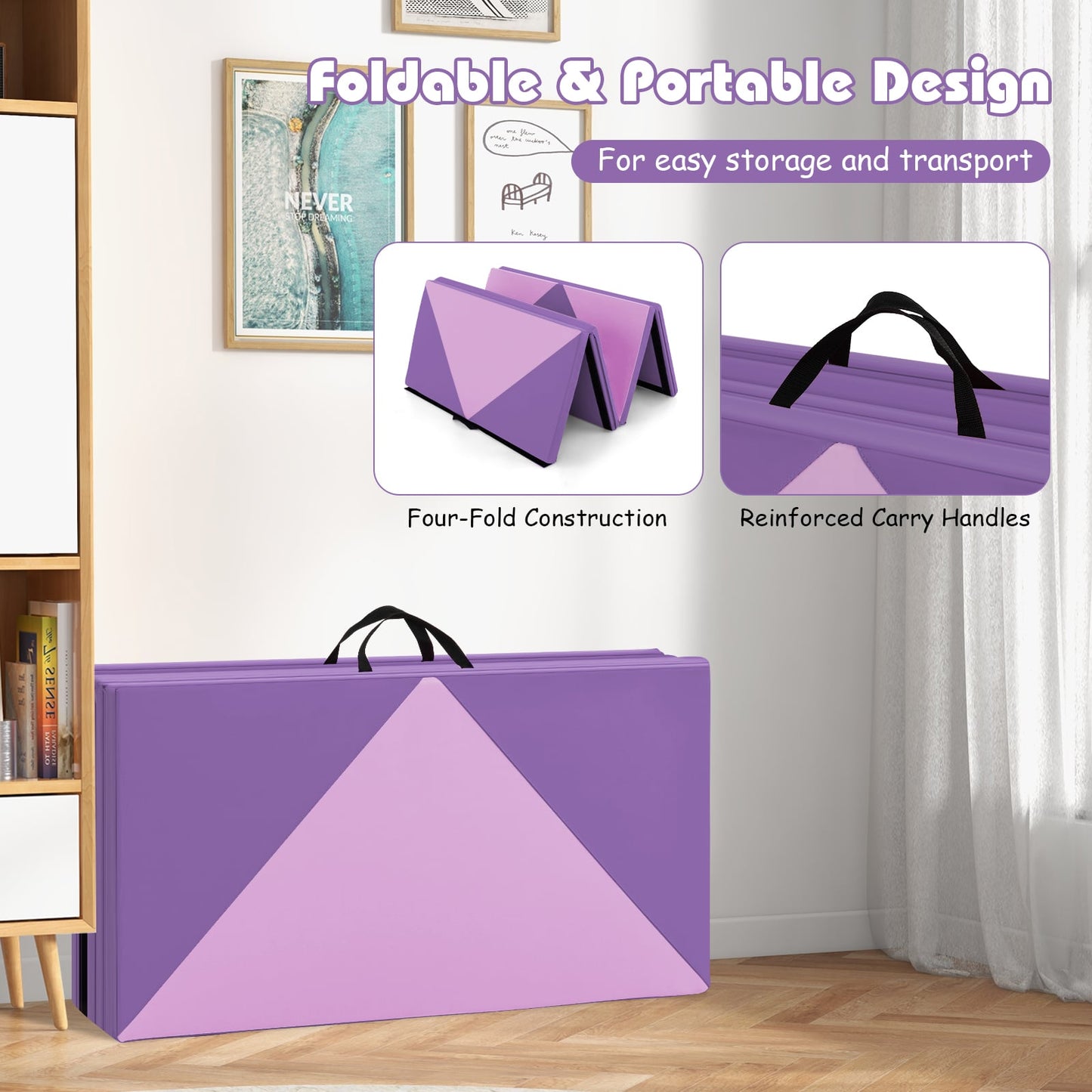 240cm PU Leather Folding Gymnastics Mat-Pink &amp;amp;amp; Purple