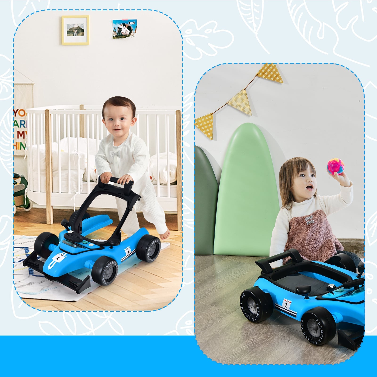 4-in-1 Baby Push Walker with Adjustable Height and Speed-Blue