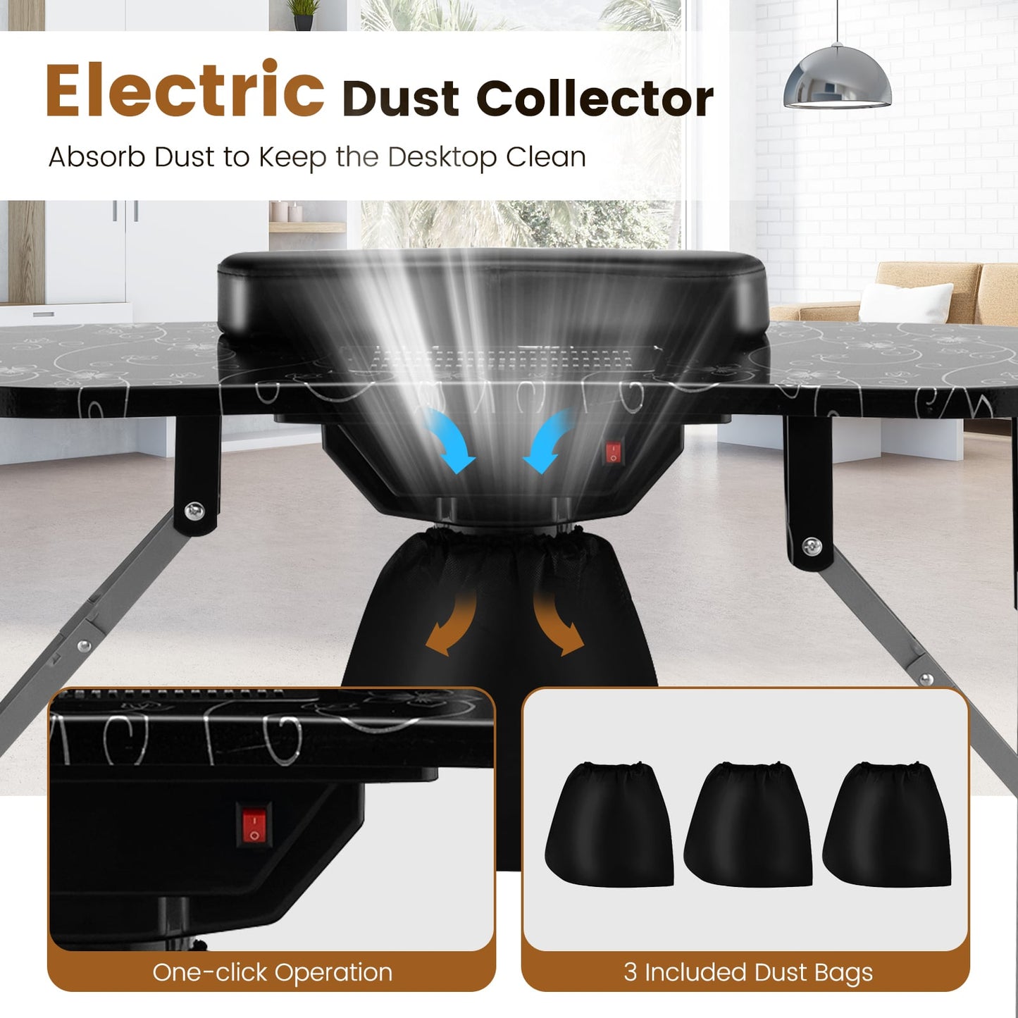 Folding Manicure Nail Table with Electric Dust Collector-Black