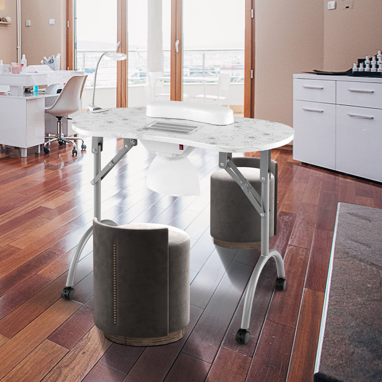 Folding Manicure Nail Table with Electric Dust Collector-White