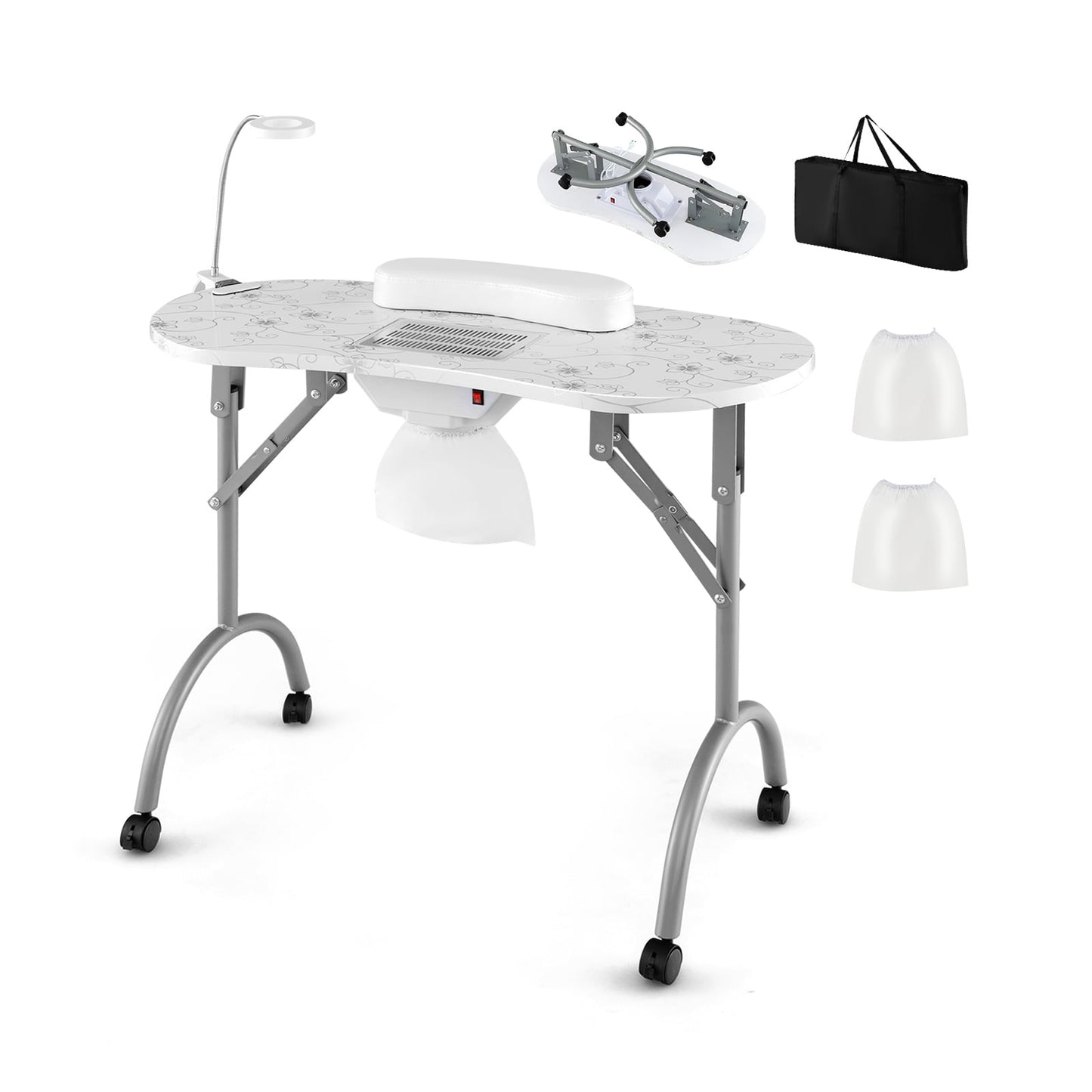Folding Manicure Nail Table with Electric Dust Collector-White