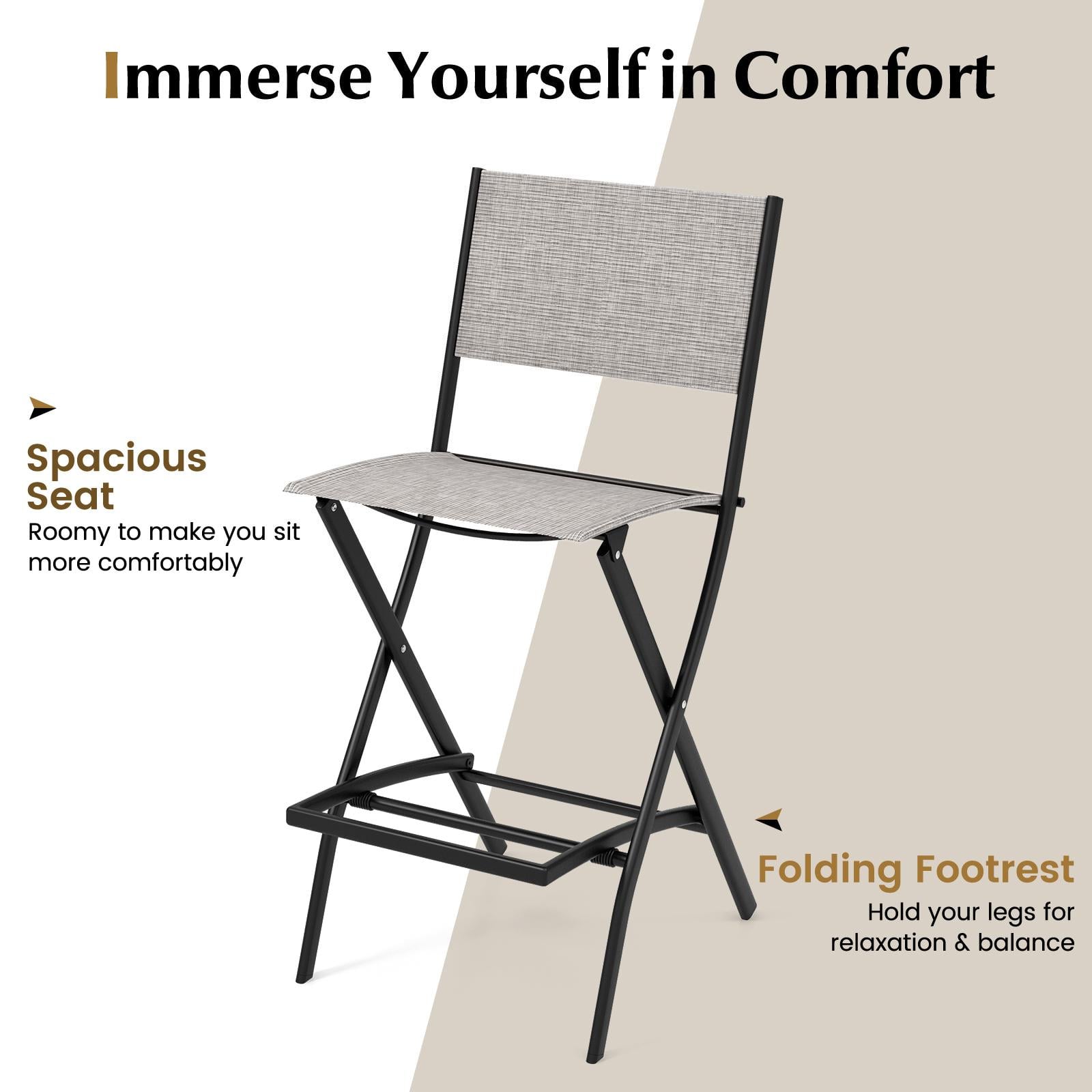 Folding Outdoor Bar Chair Set of 4 with Metal Frame and Footrest-Grey