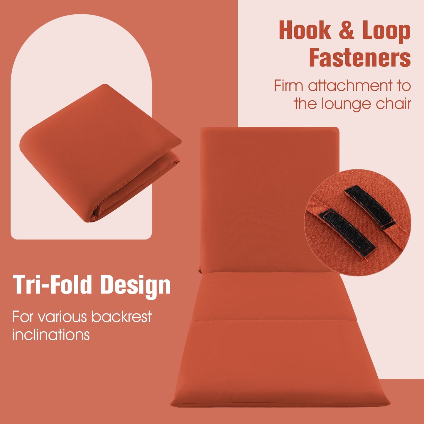Folding Outdoor Chaise Lounge Cushion Patio Furniture Pad with Straps-Orange-1 Piece