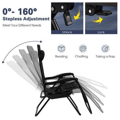 Folding Patio Recliners with Removable Headrest and Cup Holder Set of 2-Black