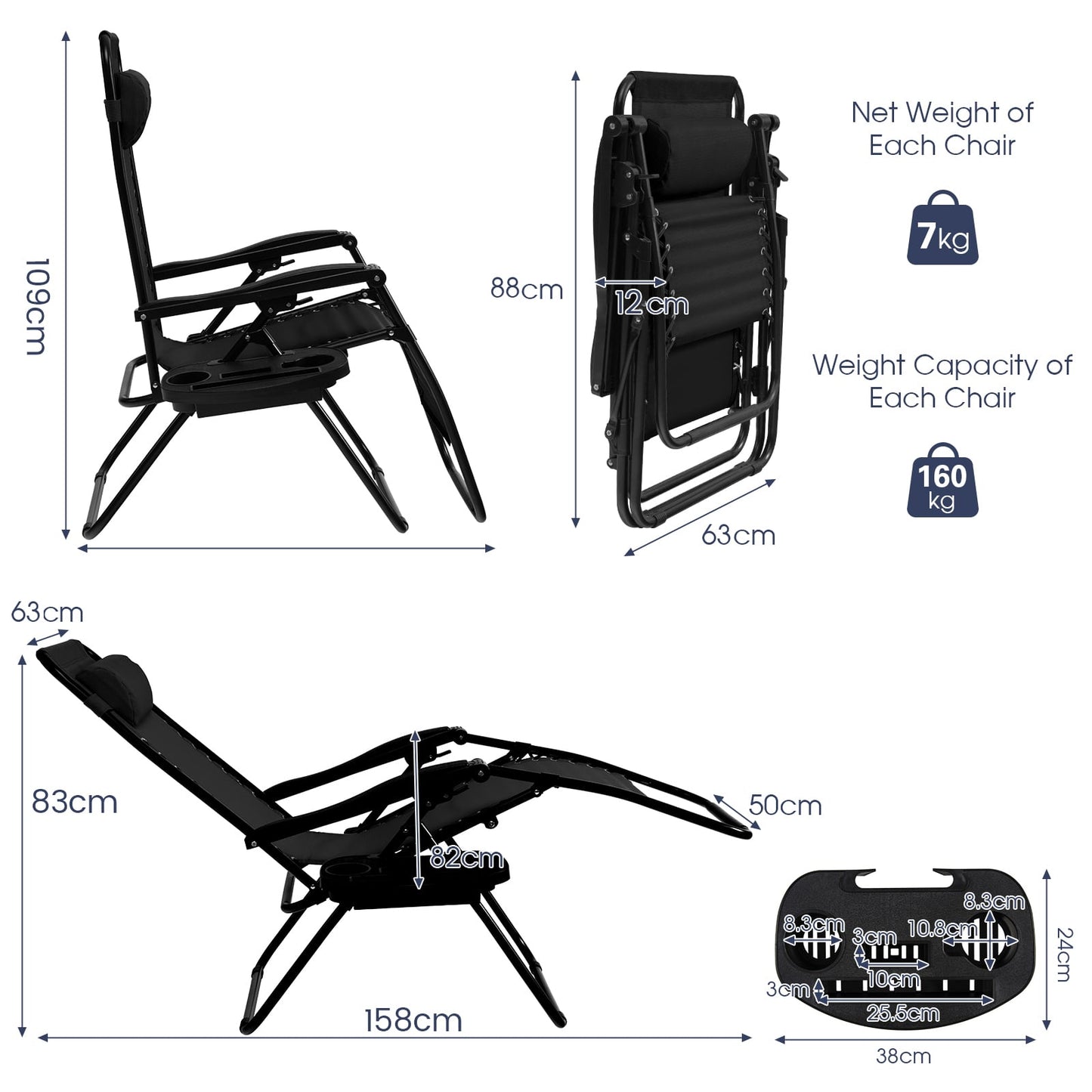 Folding Patio Recliners with Removable Headrest and Cup Holder Set of 2-Black