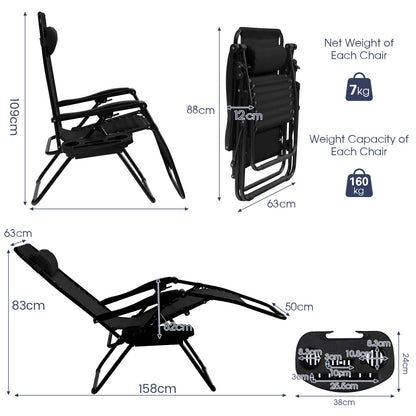 Folding Patio Recliners with Removable Headrest and Cup Holder Set of 2-Black
