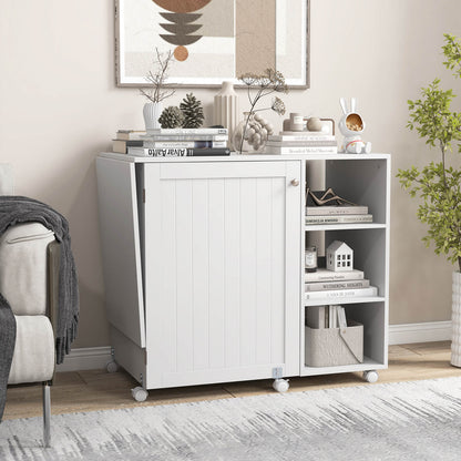 Folding Sewing Table with Storage Shelves and 18 Pegs and Lockable Casters-White