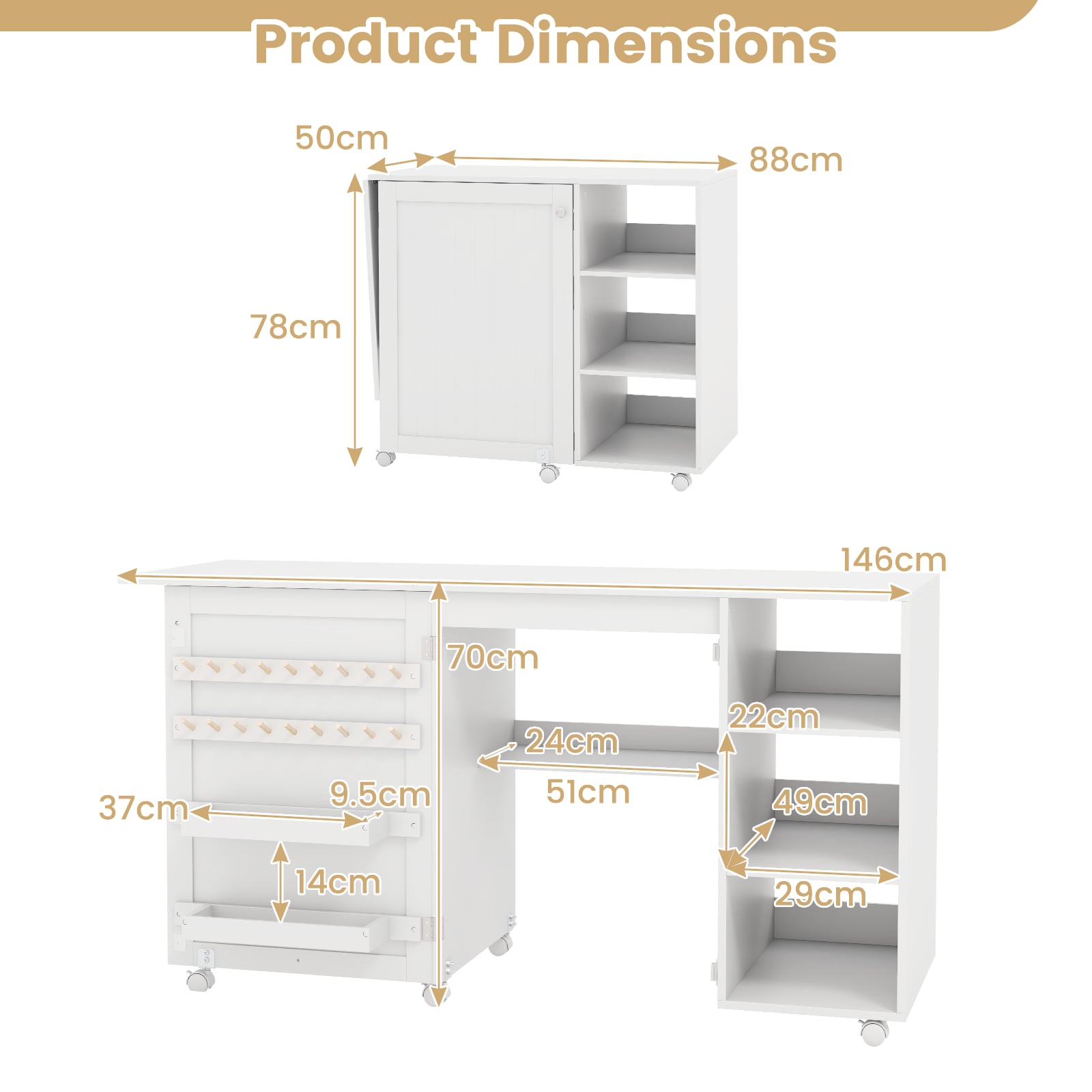 Folding Sewing Table with Storage Shelves and 18 Pegs and Lockable Casters-White
