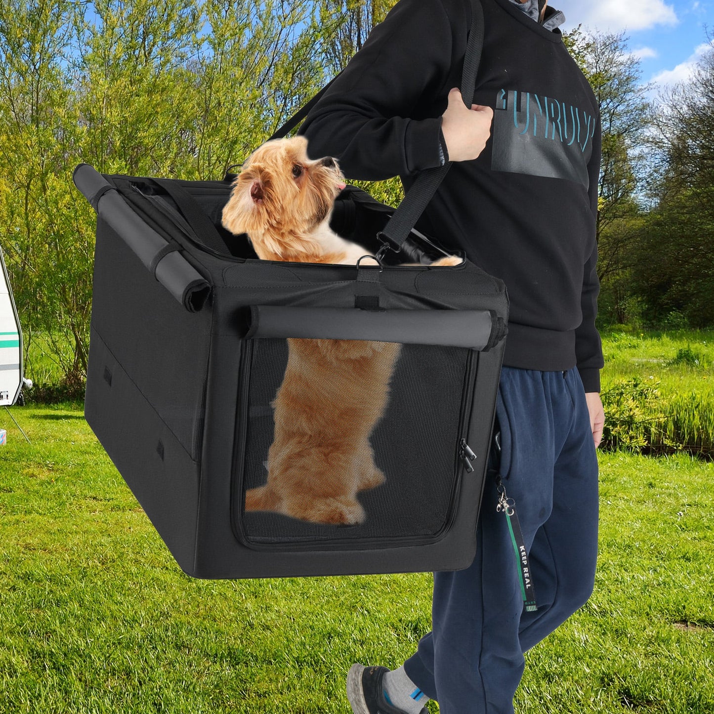 Foldable Dog Crate with Openings and Window Mesh Inner Basket-M