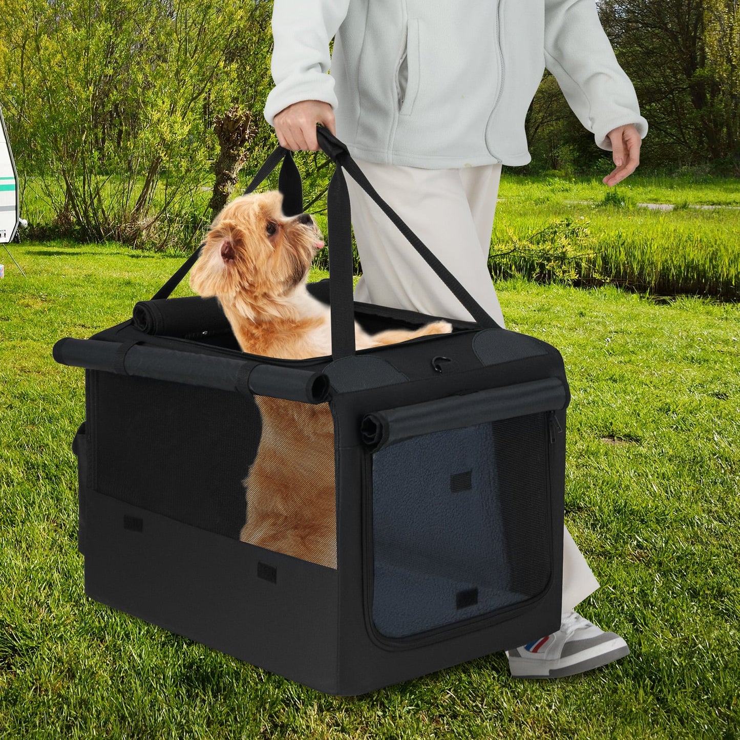 Foldable Dog Crate with Openings and Window Mesh Inner Basket-S