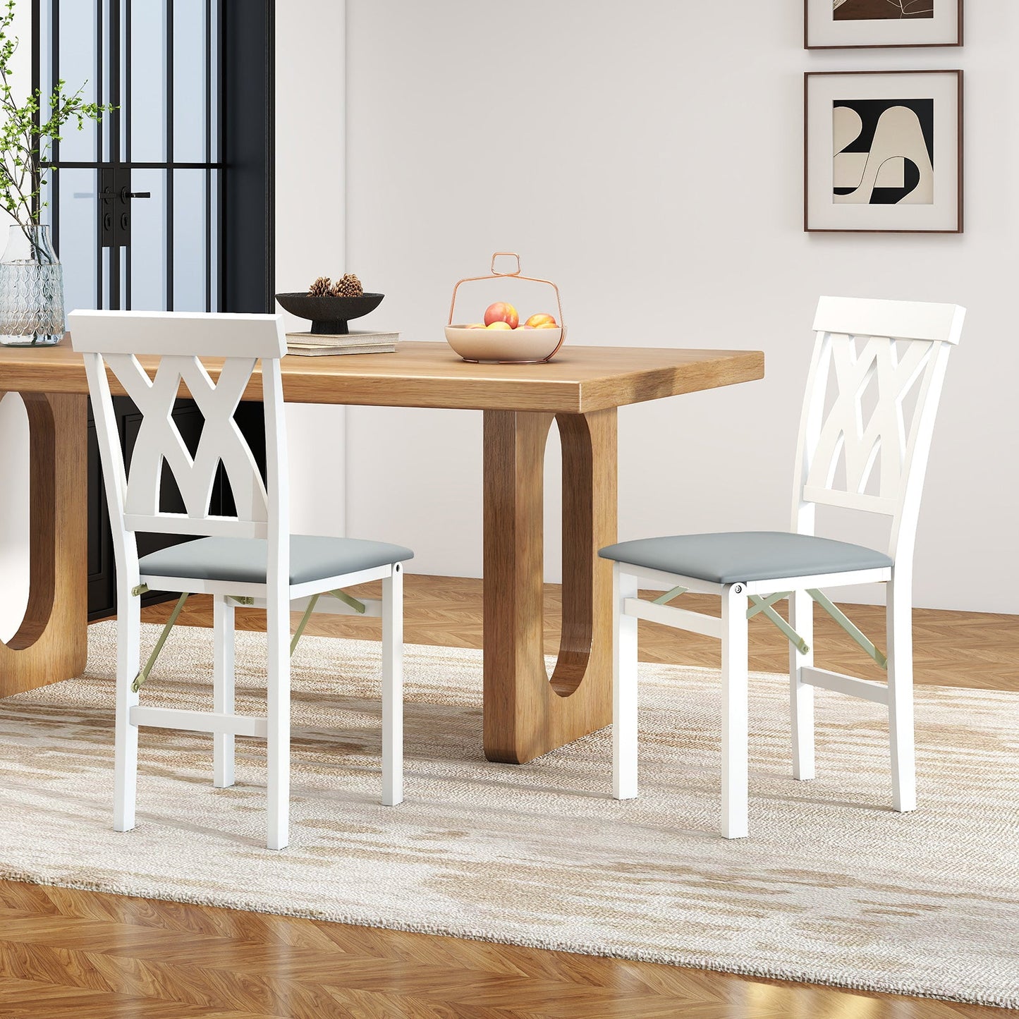 Folding Wooden Dining Chair Set of 2 Faux Leather Upholstered Chairs-White