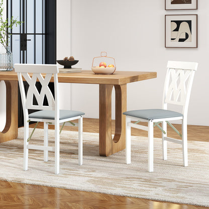 Folding Wooden Dining Chair Set of 2 Faux Leather Upholstered Chairs-White