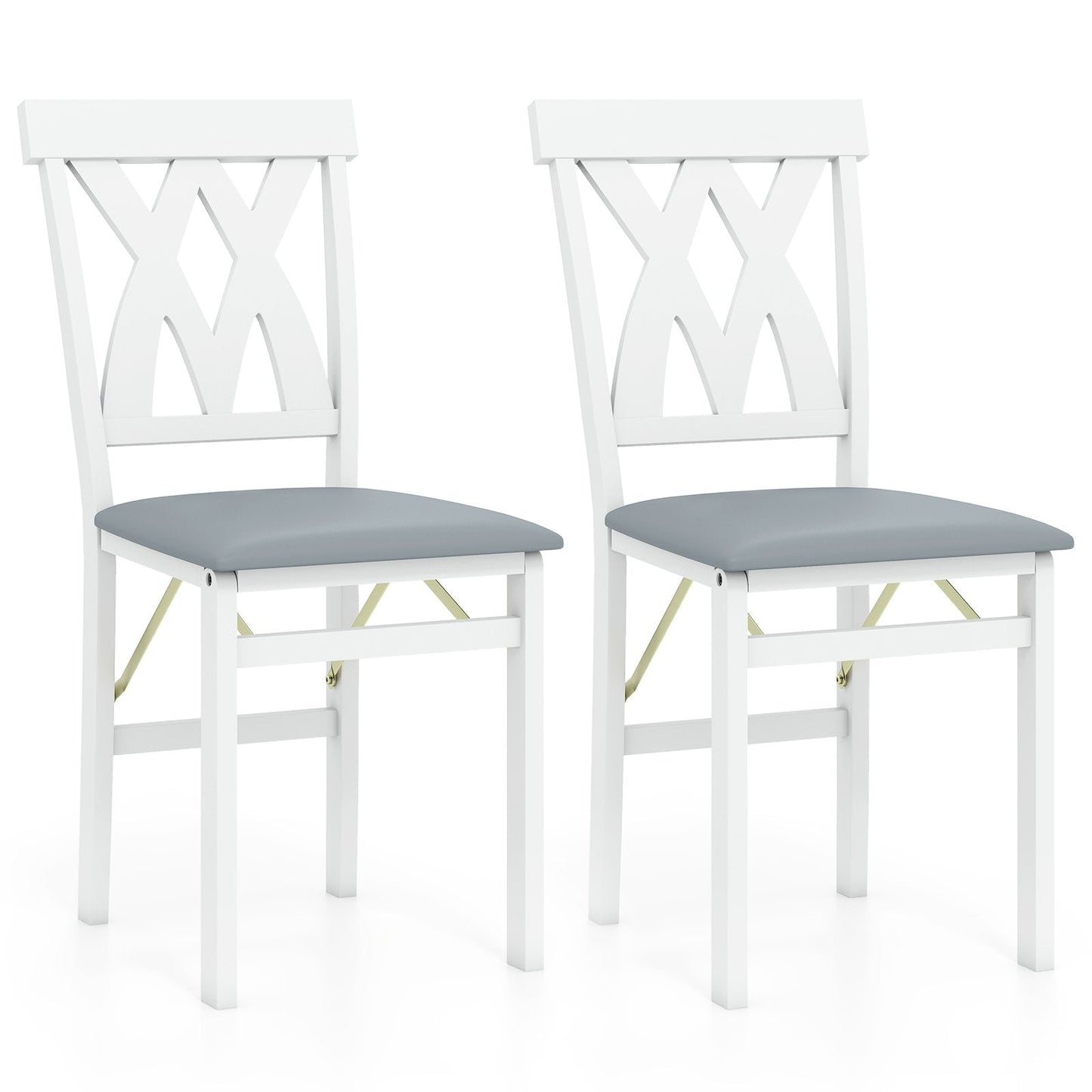 Folding Wooden Dining Chair Set of 2 Faux Leather Upholstered Chairs-White
