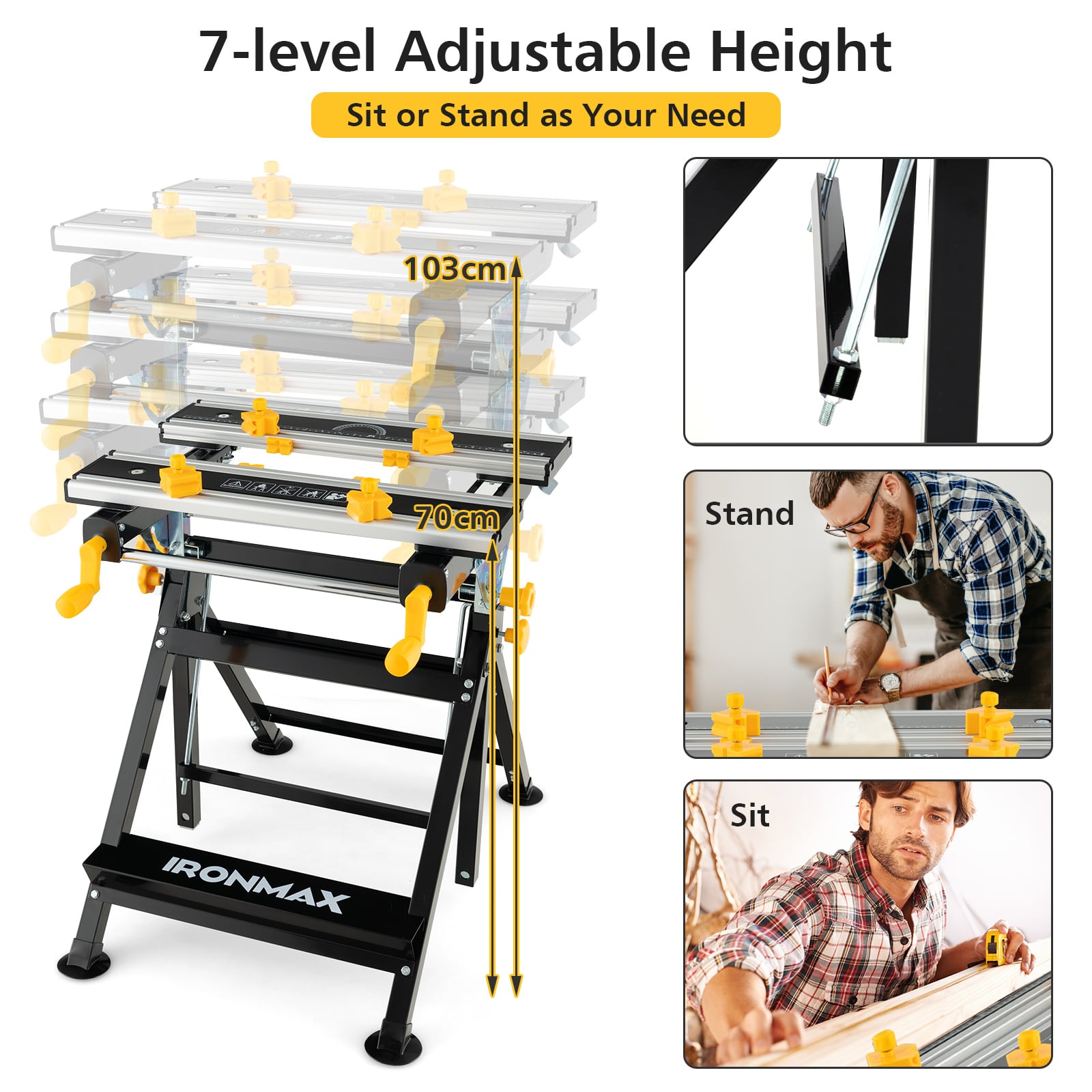 Folding Work Table Portable Workbench with Tiltable Platform-Black
