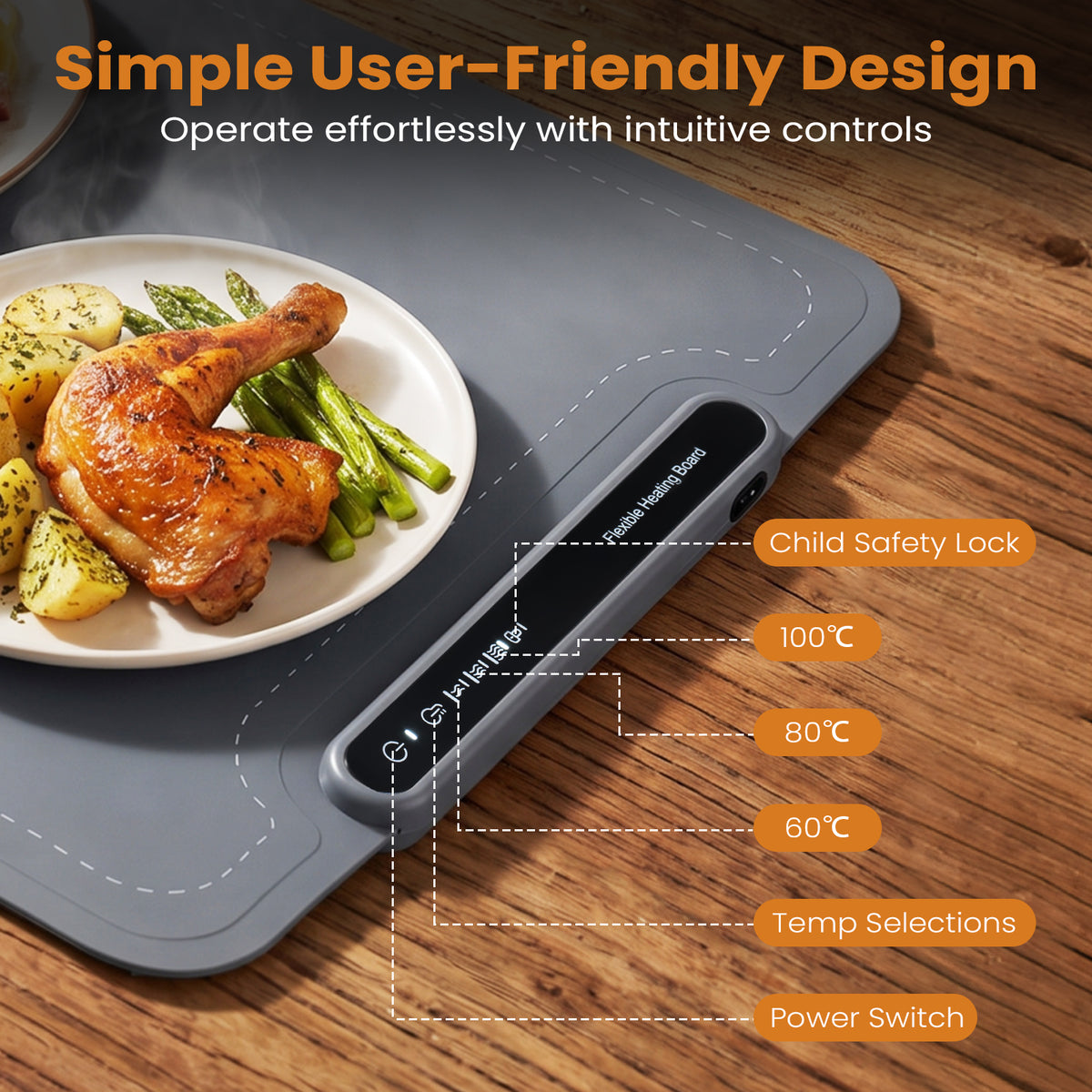 Food Warming Mat with 3 Temperature Settings for Kitchen Appliances-Grey