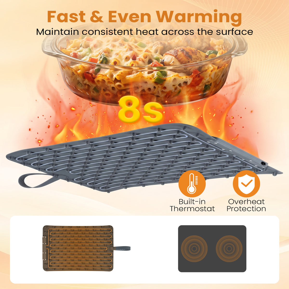 Food Warming Mat with 3 Temperature Settings for Kitchen Appliances-Grey