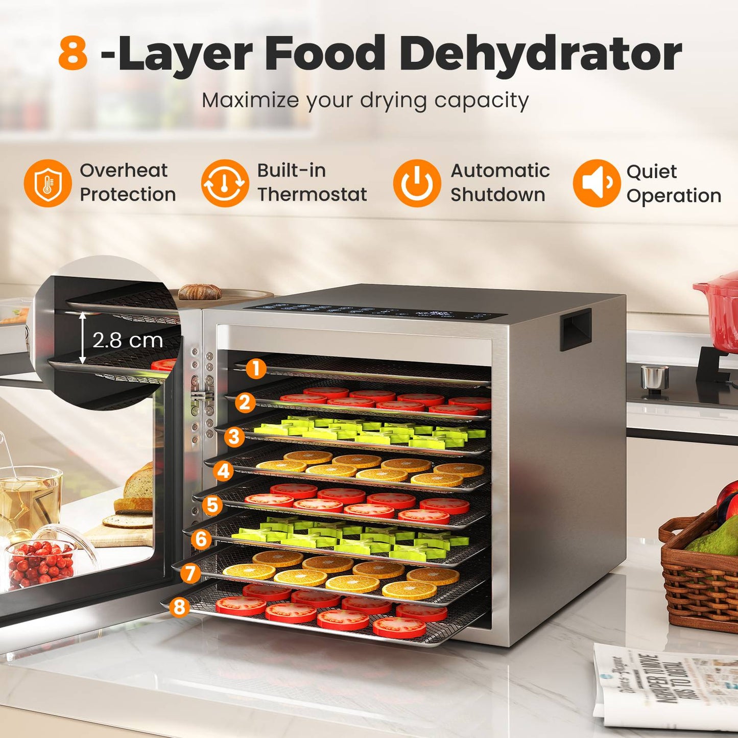 Food Dehydrator Machine with 8 Stainless Steel Trays-Silver