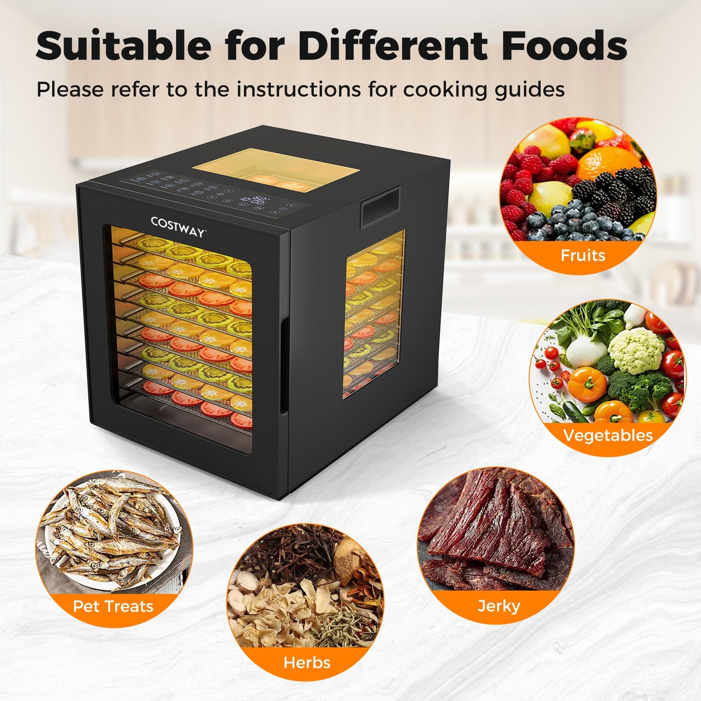 Food Dehydrator with 10 Stainless Steel Trays 10 Presets and 48H Timer-Black