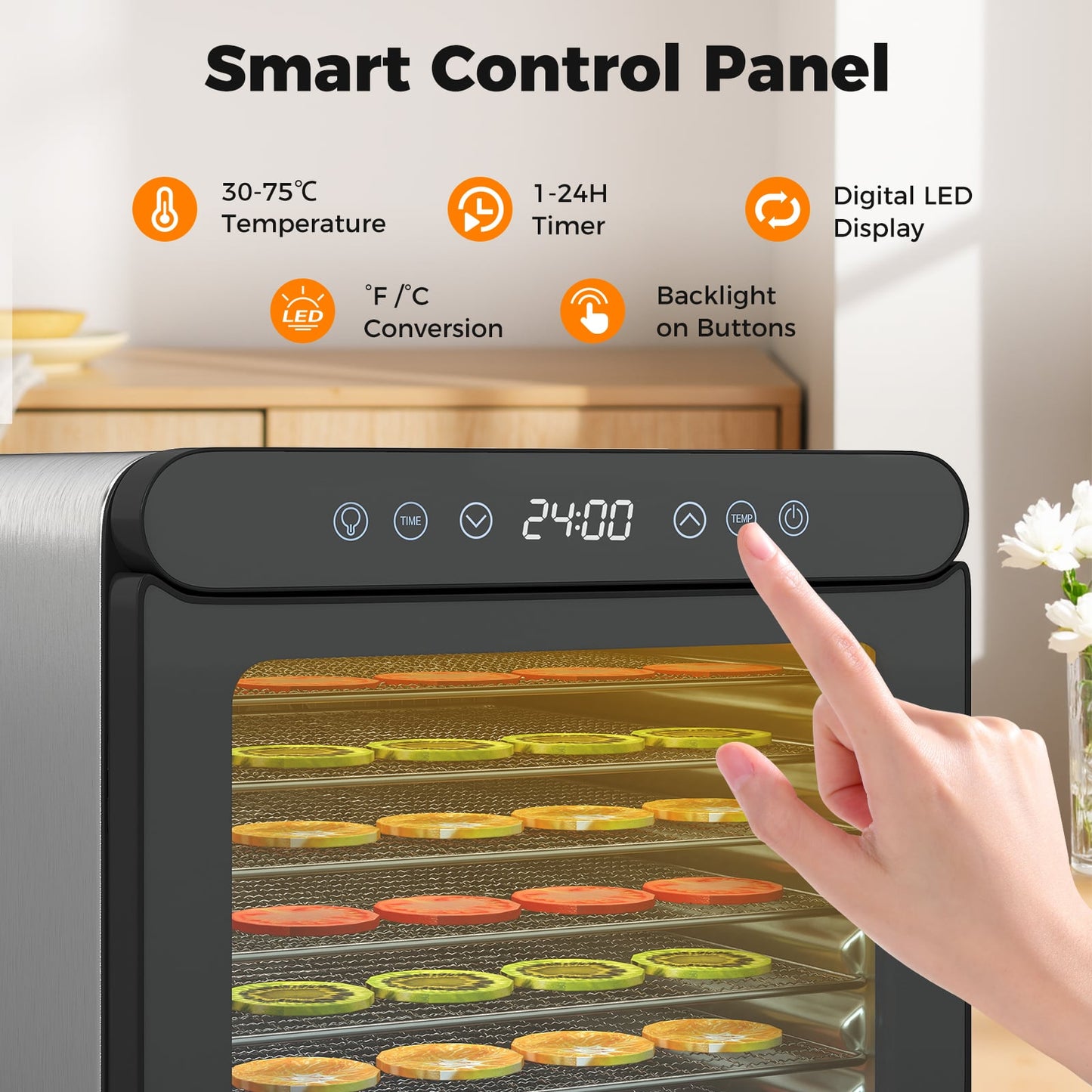 Food Dehydrator with 7 Stainless Steel Trays 1-24H Timer and 30-75℃ Temperature-Silver