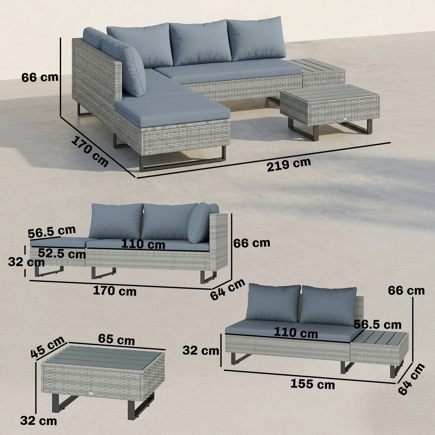 Outsunny 5 Seater Rattan Garden Furniture Set, L Shaped Garden Corner Sofa, Adjustable Back, Faux Wood Tables, Grey