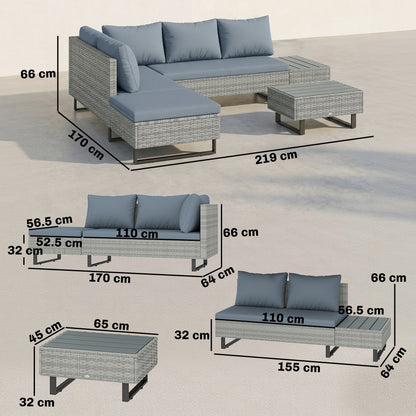 Outsunny 5 Seater Rattan Garden Furniture Set, L Shaped Garden Corner Sofa, Adjustable Back, Faux Wood Tables, Grey