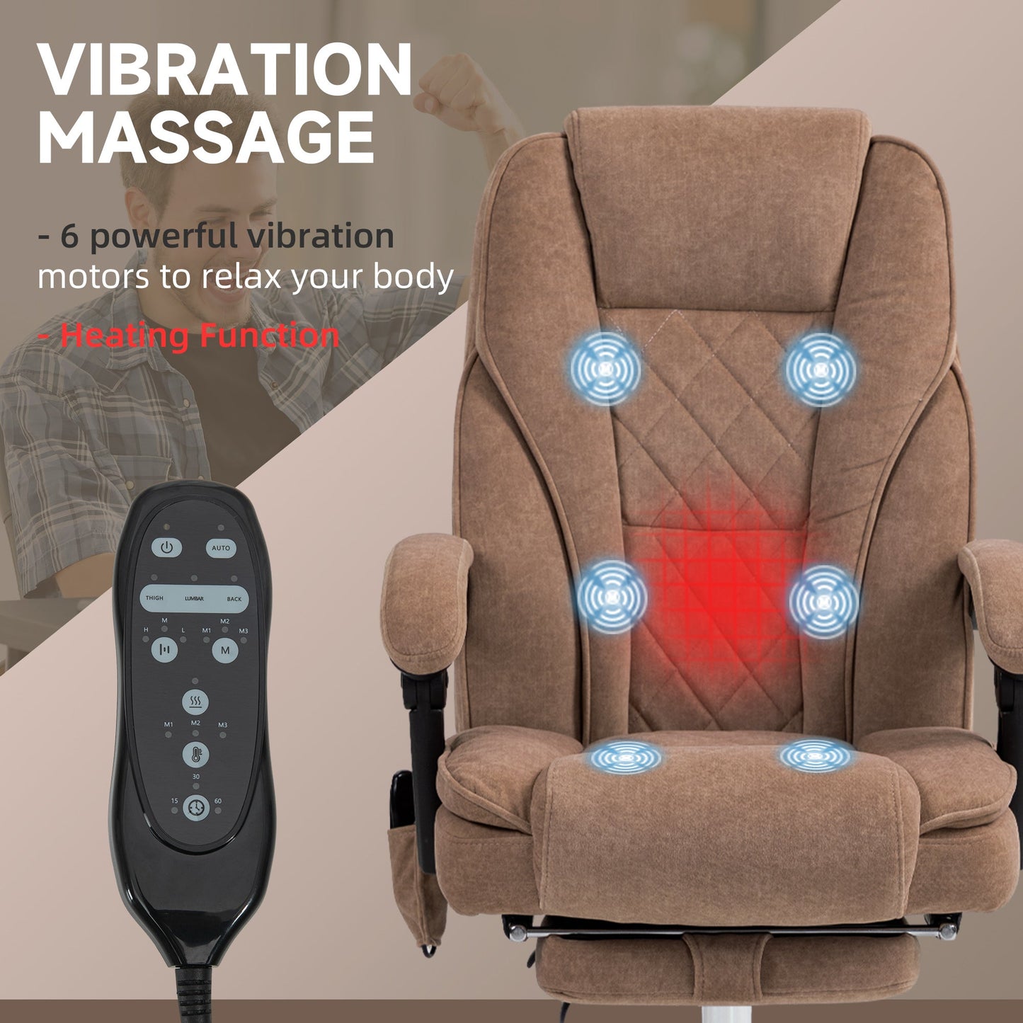 Vinsetto Massage Office Chair, Heated Reclining Computer Chair with Adjustable Height and Footrest, Brown