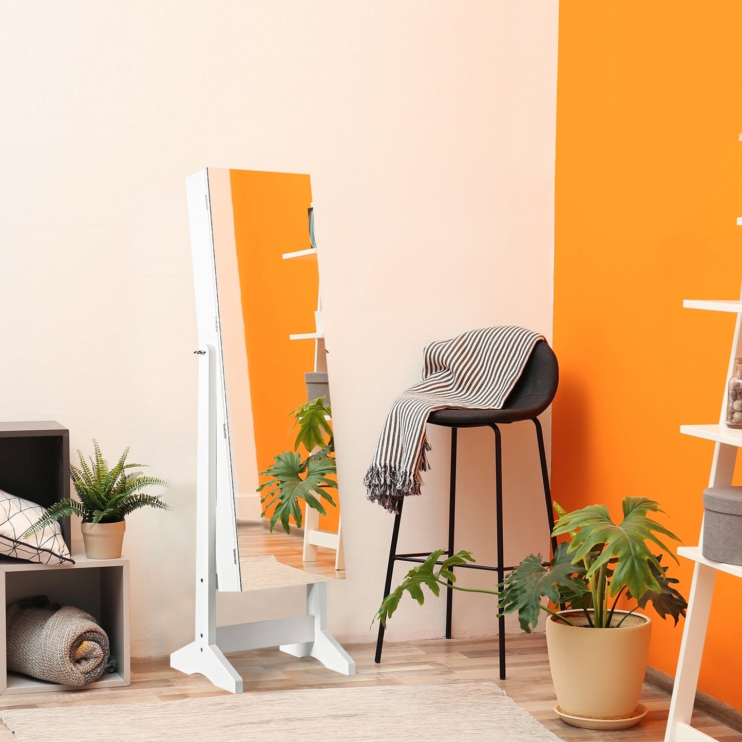 Free Standing Jewelry Cabinet with Full-Length Mirror-White