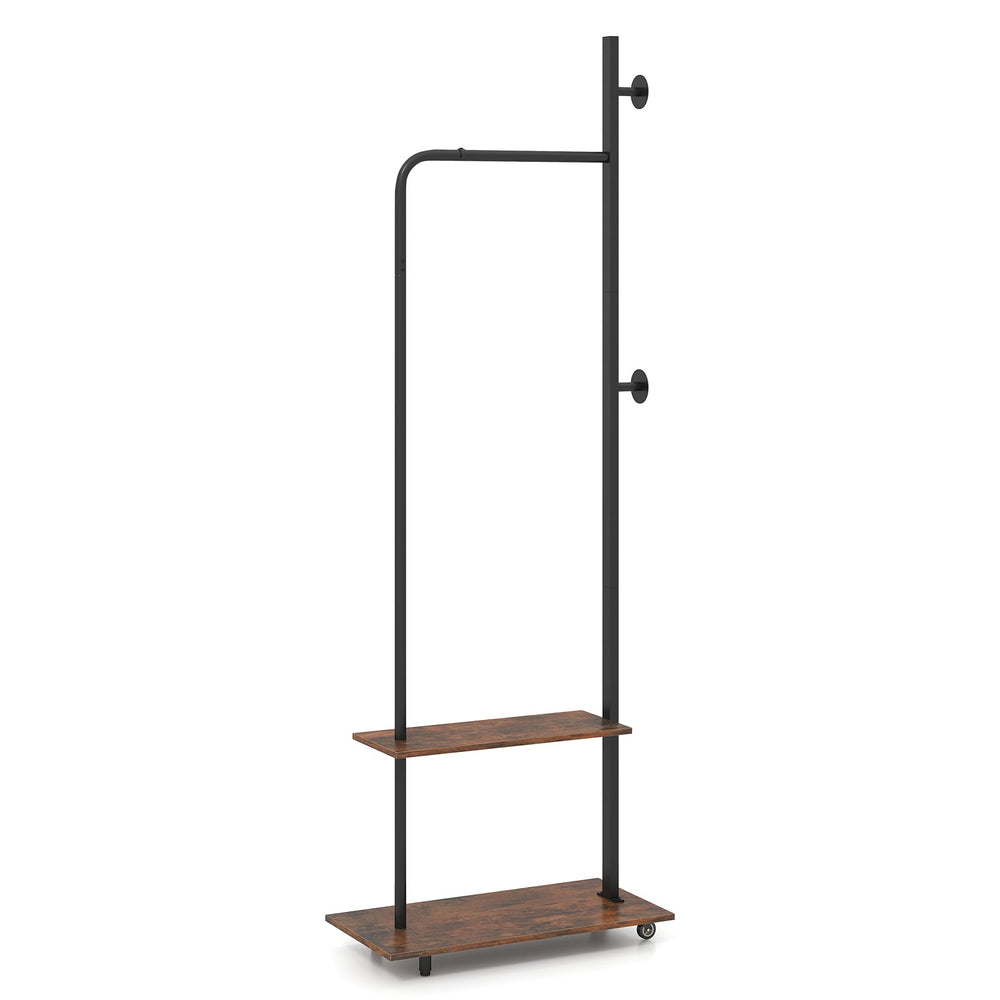 Freestanding Clothing Rack with Wheels and Hanging Rod-Rustic Brown