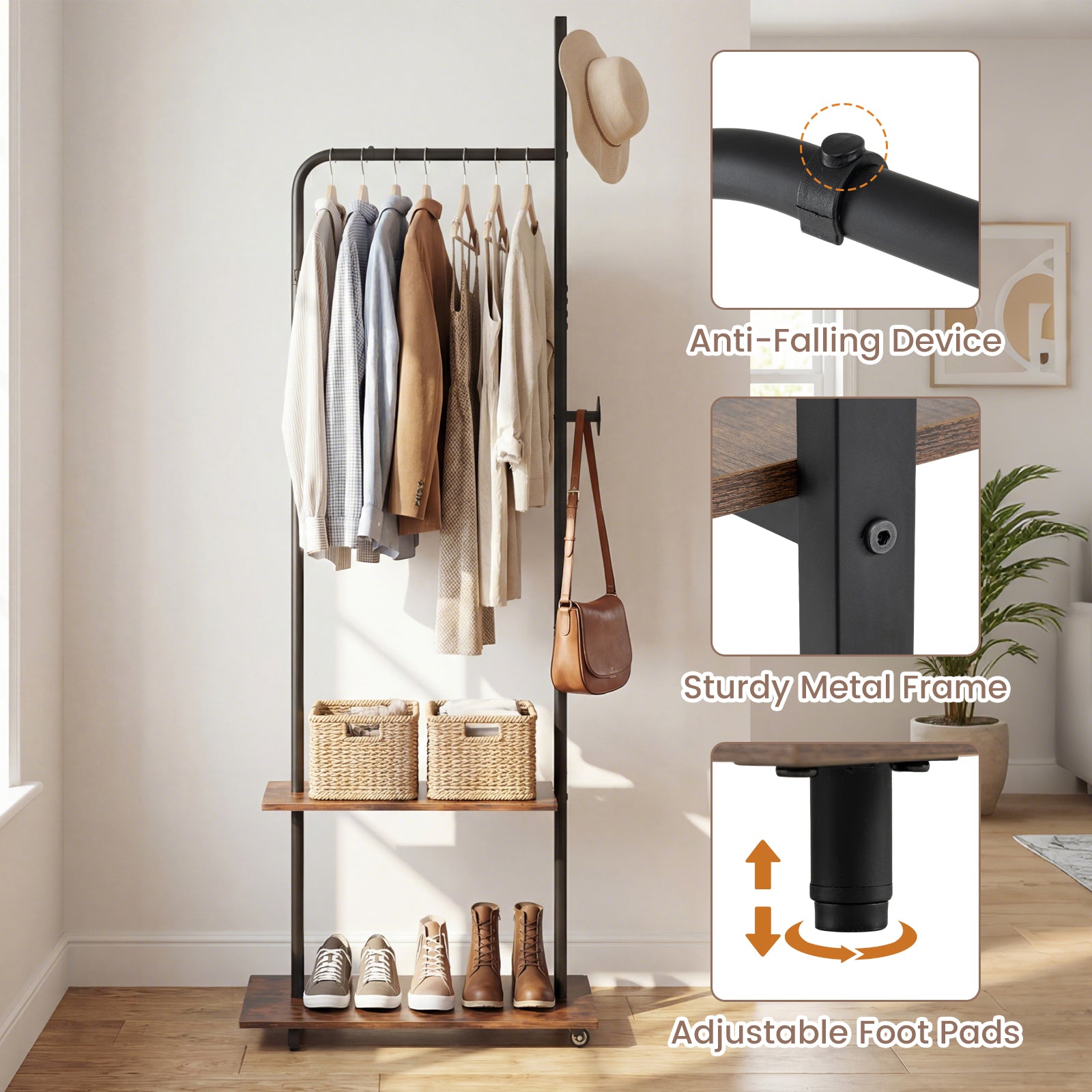 Freestanding Clothing Rack with Wheels and Hanging Rod-Rustic Brown