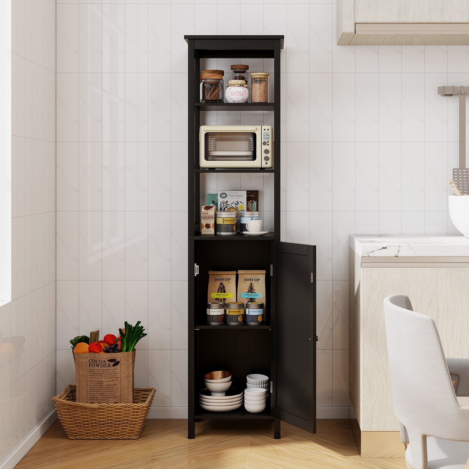 Freestanding Floor Cabinet with 3-Position Middle Panel and Anti-Toppling Mechanism-Black