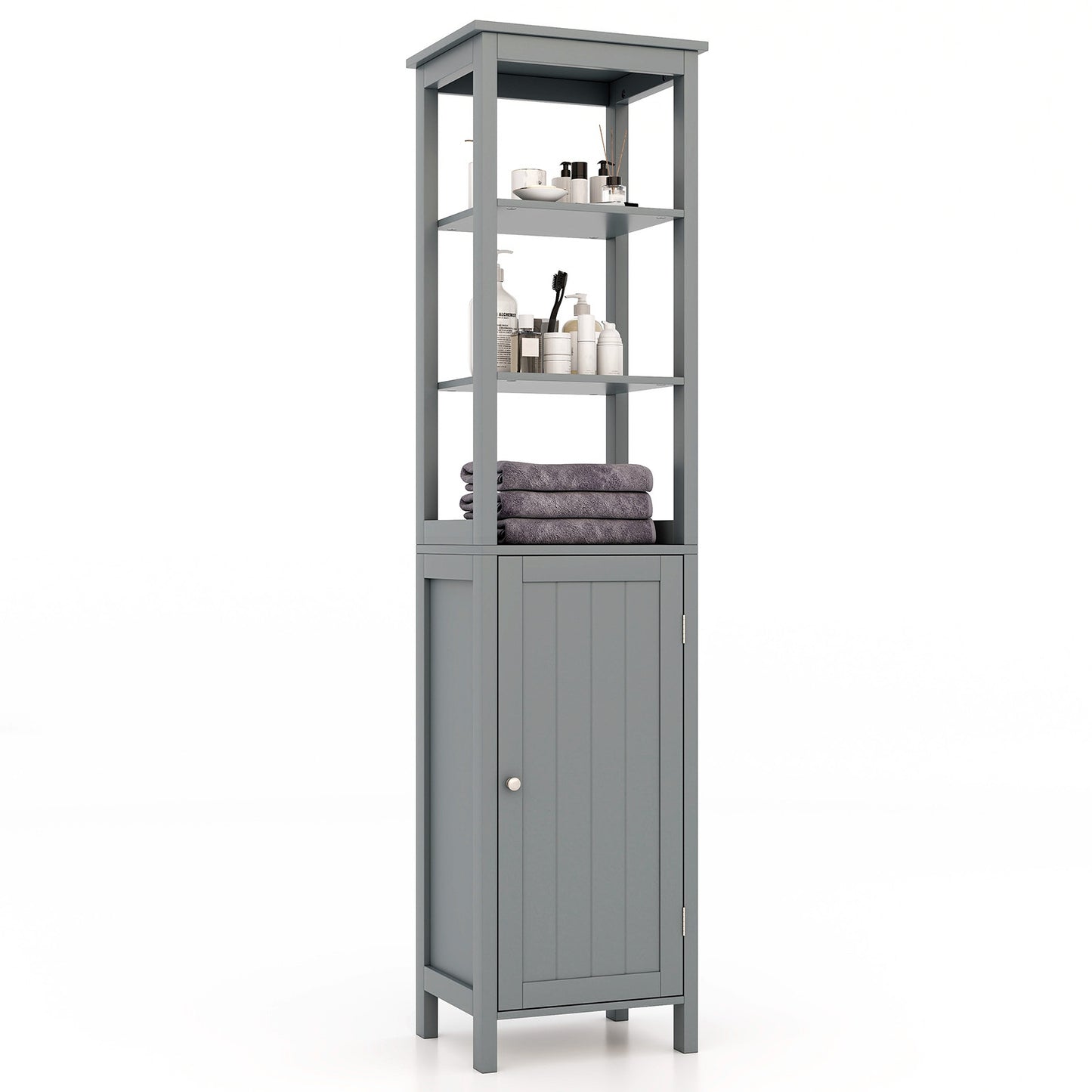 Freestanding Floor Cabinet with 3-Position Middle Panel and Anti-Toppling Mechanism-Grey