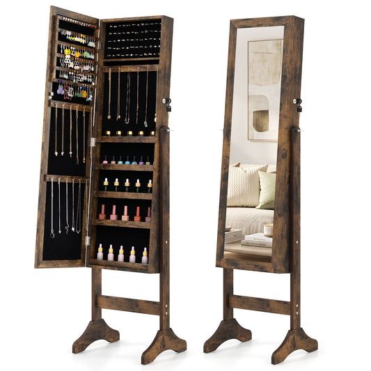 Freestanding Jewelry Armoire Cabinet with Full Length Mirror-Rustic Brown
