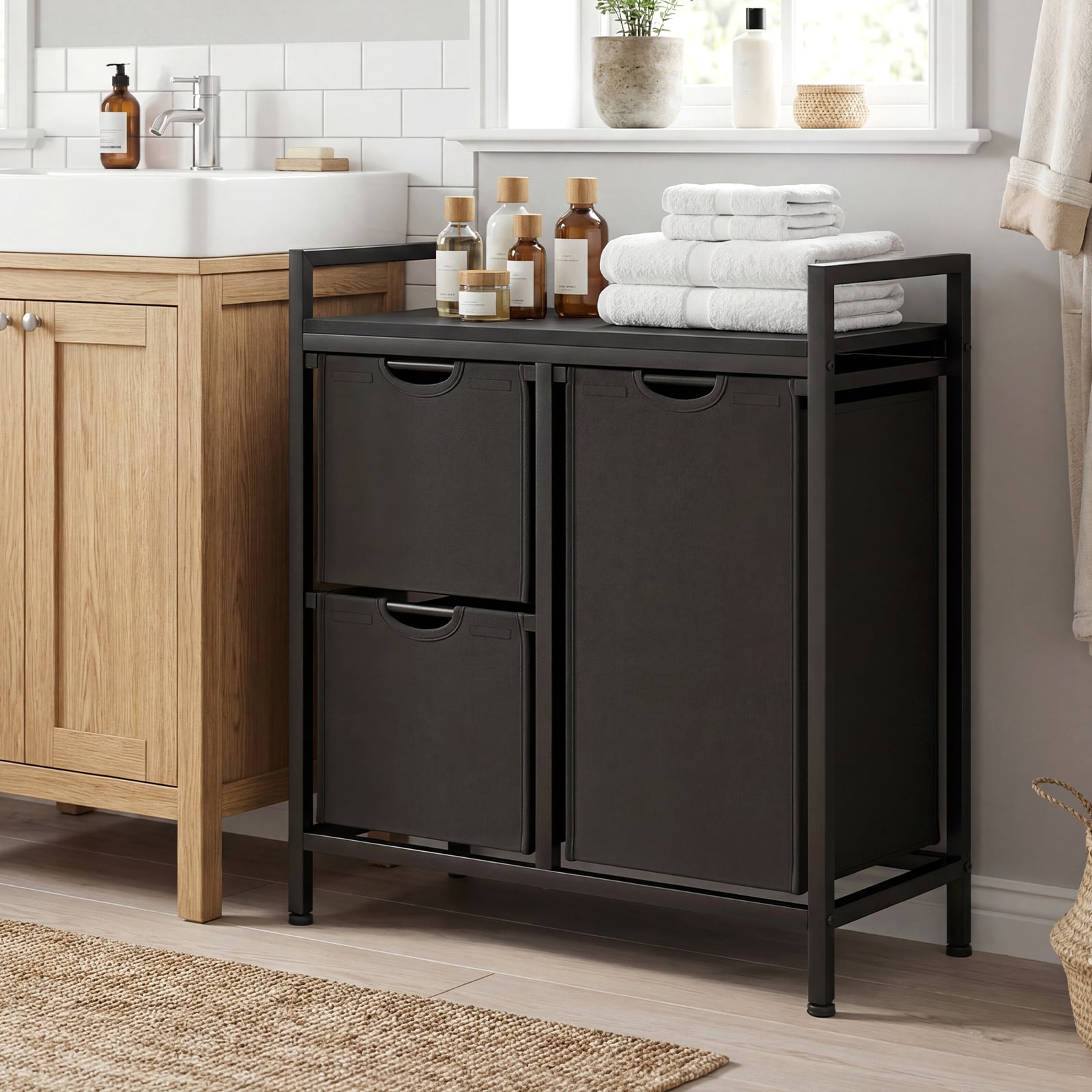 Freestanding Laundry Hamper Laundry Basket with 3 Pull-Out Bags-DarkBlack