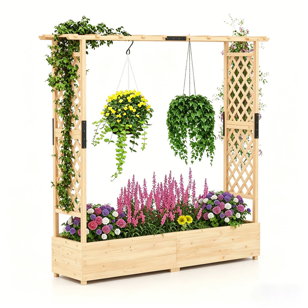 Freestanding Raised Garden Bed Planter Box Planter Box with Trellis-Natural