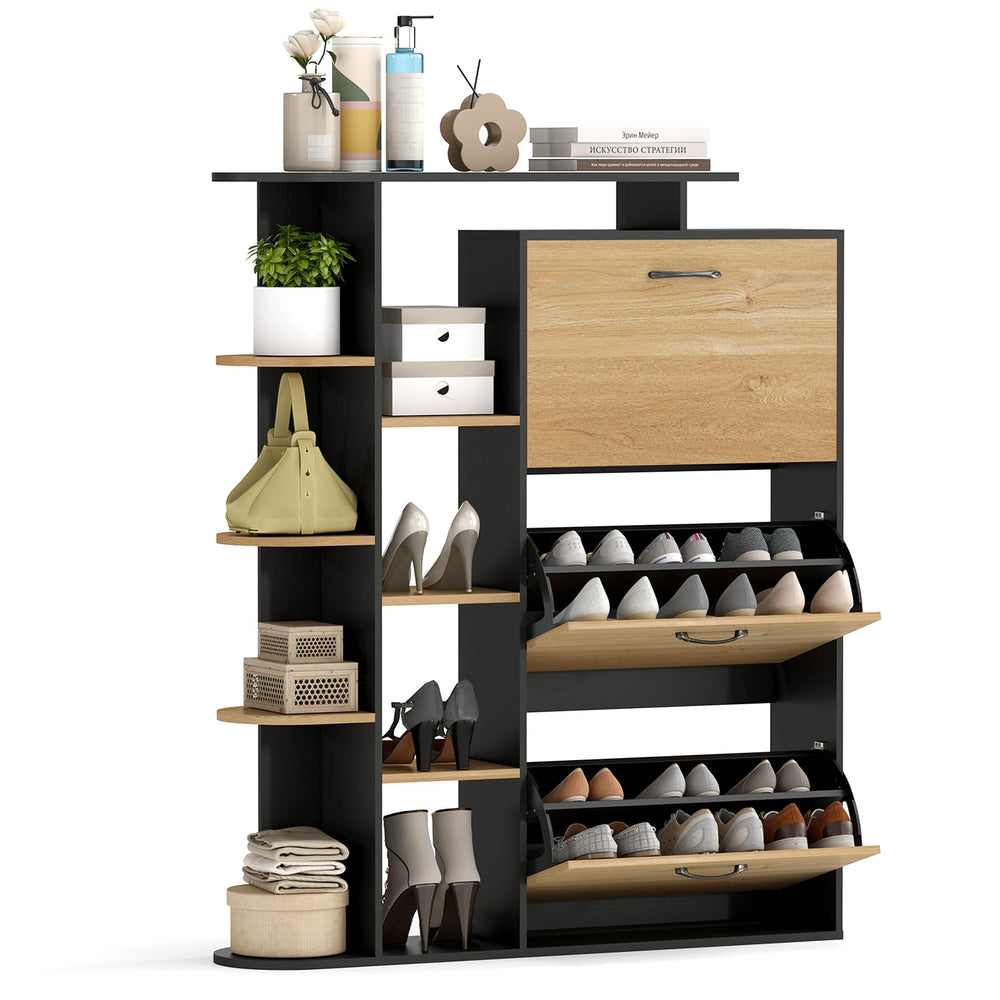Freestanding Shoe Organizer with 3 Flip Drawers and 8 Adjustable Drawer Shelves-Black