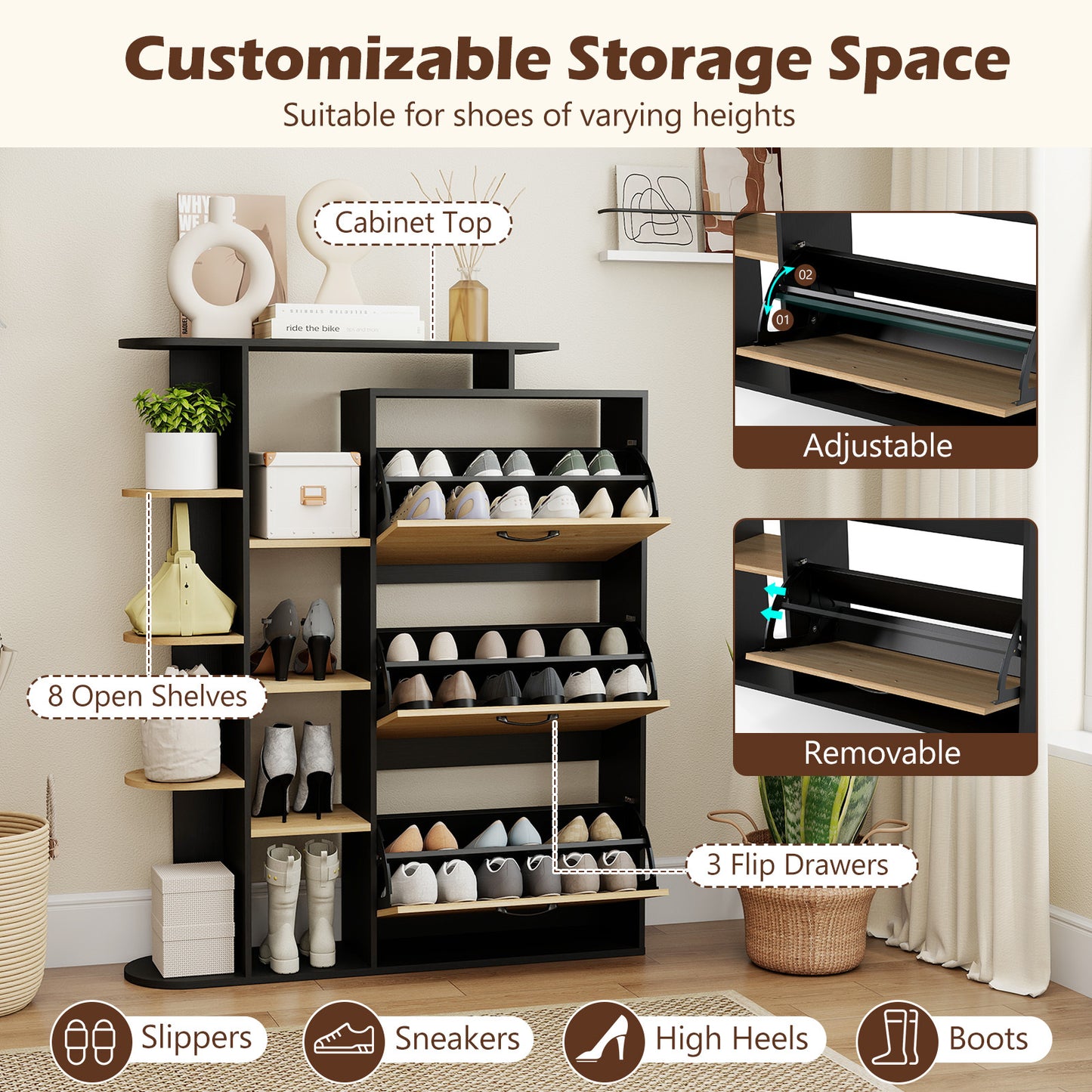 Freestanding Shoe Organizer with 3 Flip Drawers and 8 Adjustable Drawer Shelves-Black