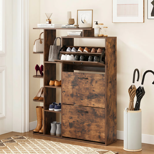 Freestanding Shoe Organizer with 3 Flip Drawers and 8 Adjustable Drawer Shelves-Rustic Brown