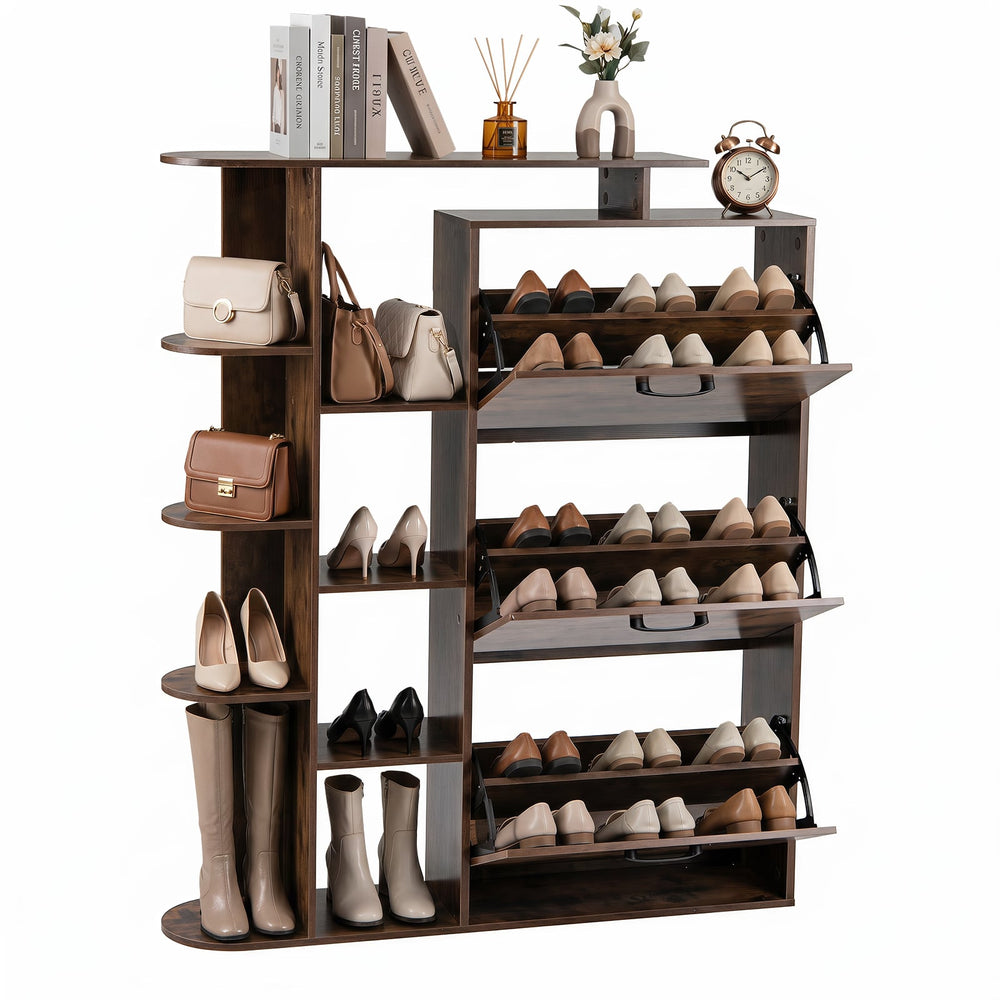 Freestanding Shoe Organizer with 3 Flip Drawers and 8 Adjustable Drawer Shelves-Rustic Brown