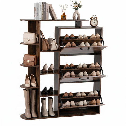 Freestanding Shoe Organizer with 3 Flip Drawers and 8 Adjustable Drawer Shelves-Rustic Brown