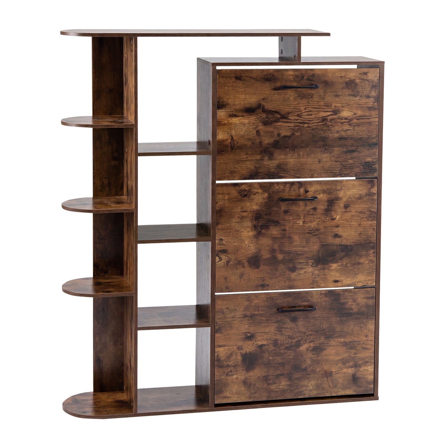 Freestanding Shoe Organizer with 3 Flip Drawers and 8 Adjustable Drawer Shelves-Rustic Brown
